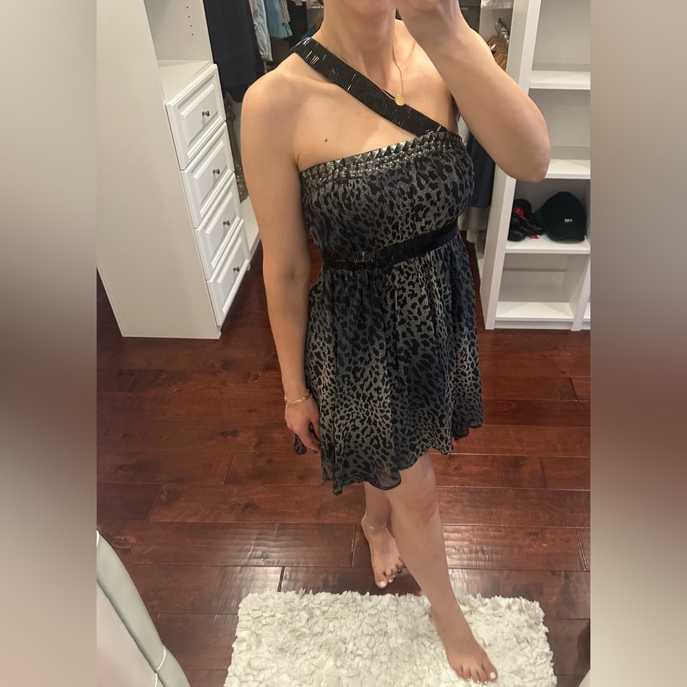 Cheetah print multi shoulder chiffon dress